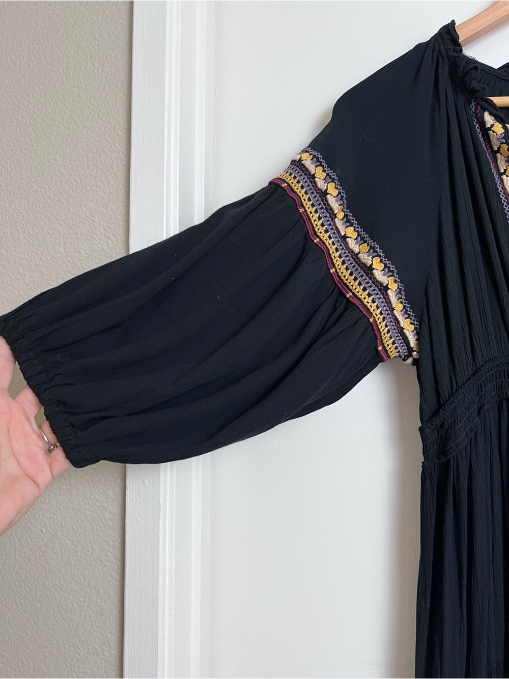 Angie Black Embroidered Boho Peasant Maxi Dress Tassel Tie Rayon Medium - Picture 2 of 8